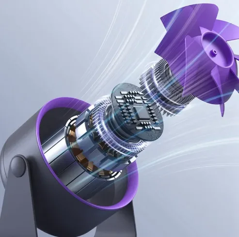 Purple and gray F6 desktop air circulation fan with a digital battery display