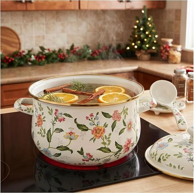vintage floral-patterned enamel cooking pot