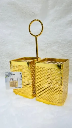 gold-finished perforated metal double utensil holder