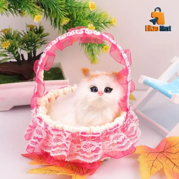 Scenic Spot Hot Selling Simulation Cat Barking Plush Toy Dreamy Lace Basket Kitten Fur Crafts