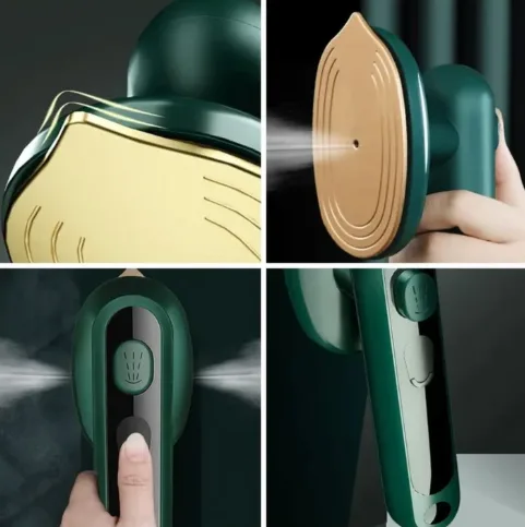 Portable mini handheld dry and steam iron featuring a water spray function