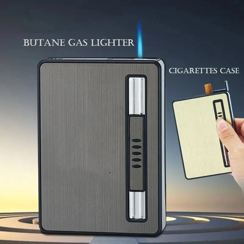Metal Windproof Butane Gas Cigar Lighter Automatic Case Hold 10 Cigarettes Box,Multifunction Smoking Gadgets For Men Accessories
