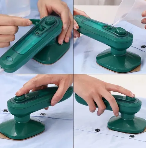 Portable mini handheld dry and steam iron featuring a water spray function