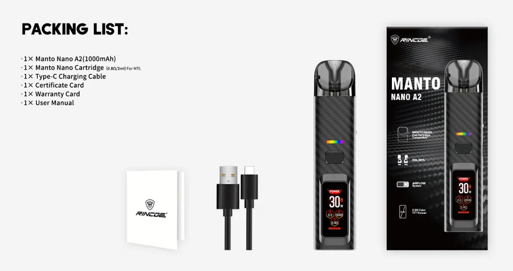Vape Rincoe Manto Nano A2 Pod System Kit 1000mAh 2ml new (60ml Flavour Juice free)