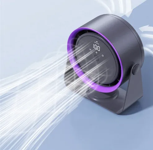 Purple and gray F6 desktop air circulation fan with a digital battery display