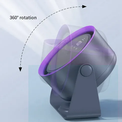 Purple and gray F6 desktop air circulation fan with a digital battery display