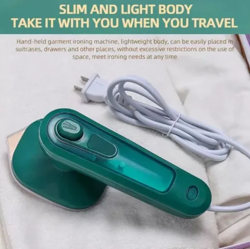 Portable mini handheld dry and steam iron featuring a water spray function