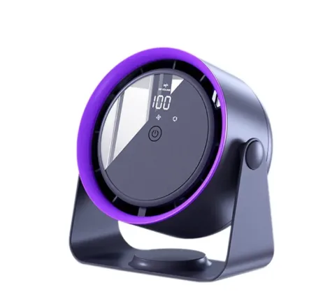 Purple and gray F6 desktop air circulation fan with a digital battery display