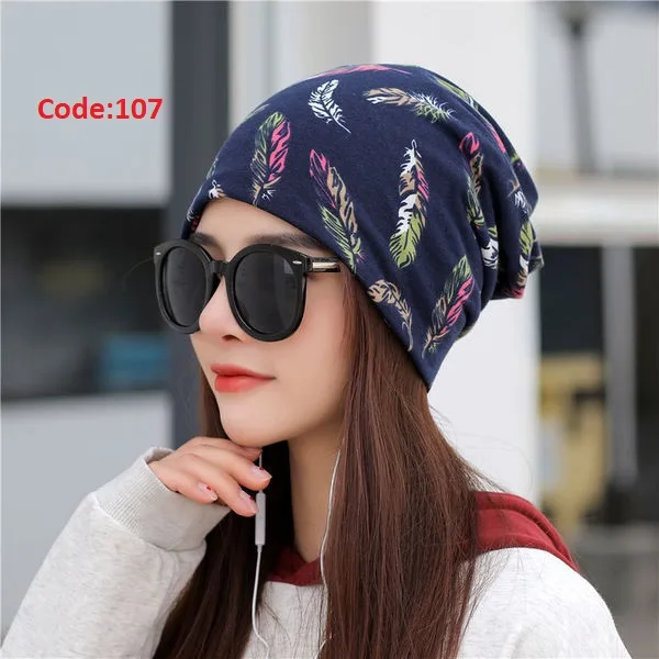 Spring and Autumn Feather Pattern Pullover Hat Women's Multi-use Korean-style Headband Hat Head Protection Nightcap Piled Moon Hat