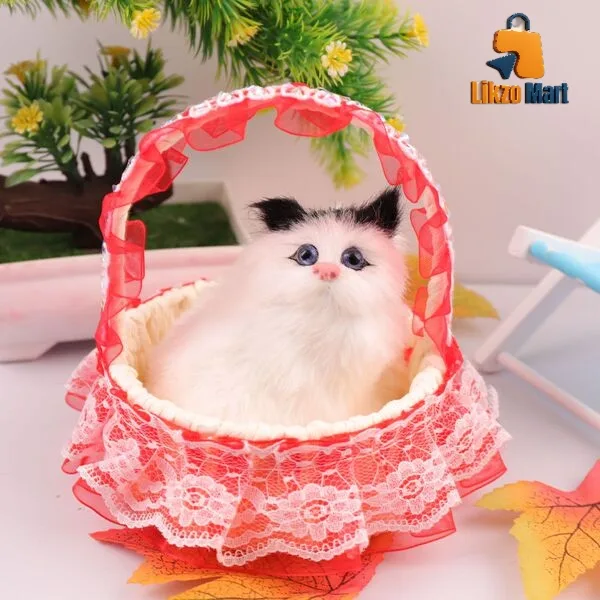 Scenic Spot Hot Selling Simulation Cat Barking Plush Toy Dreamy Lace Basket Kitten Fur Crafts