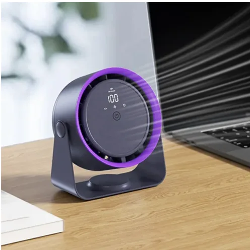 Purple and gray F6 desktop air circulation fan with a digital battery display