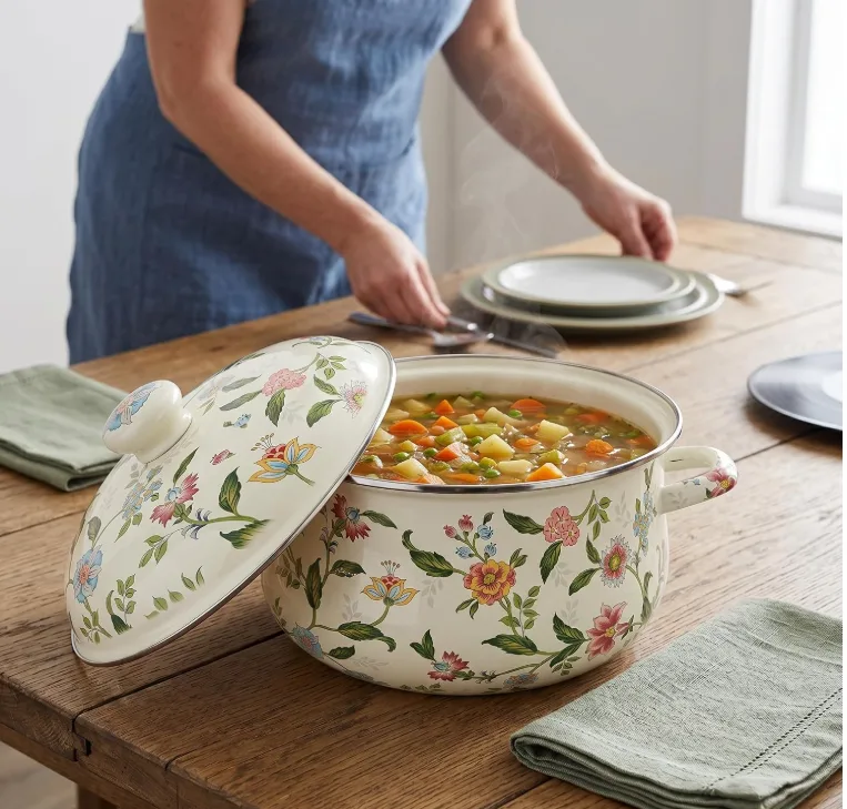 vintage floral-patterned enamel cooking pot